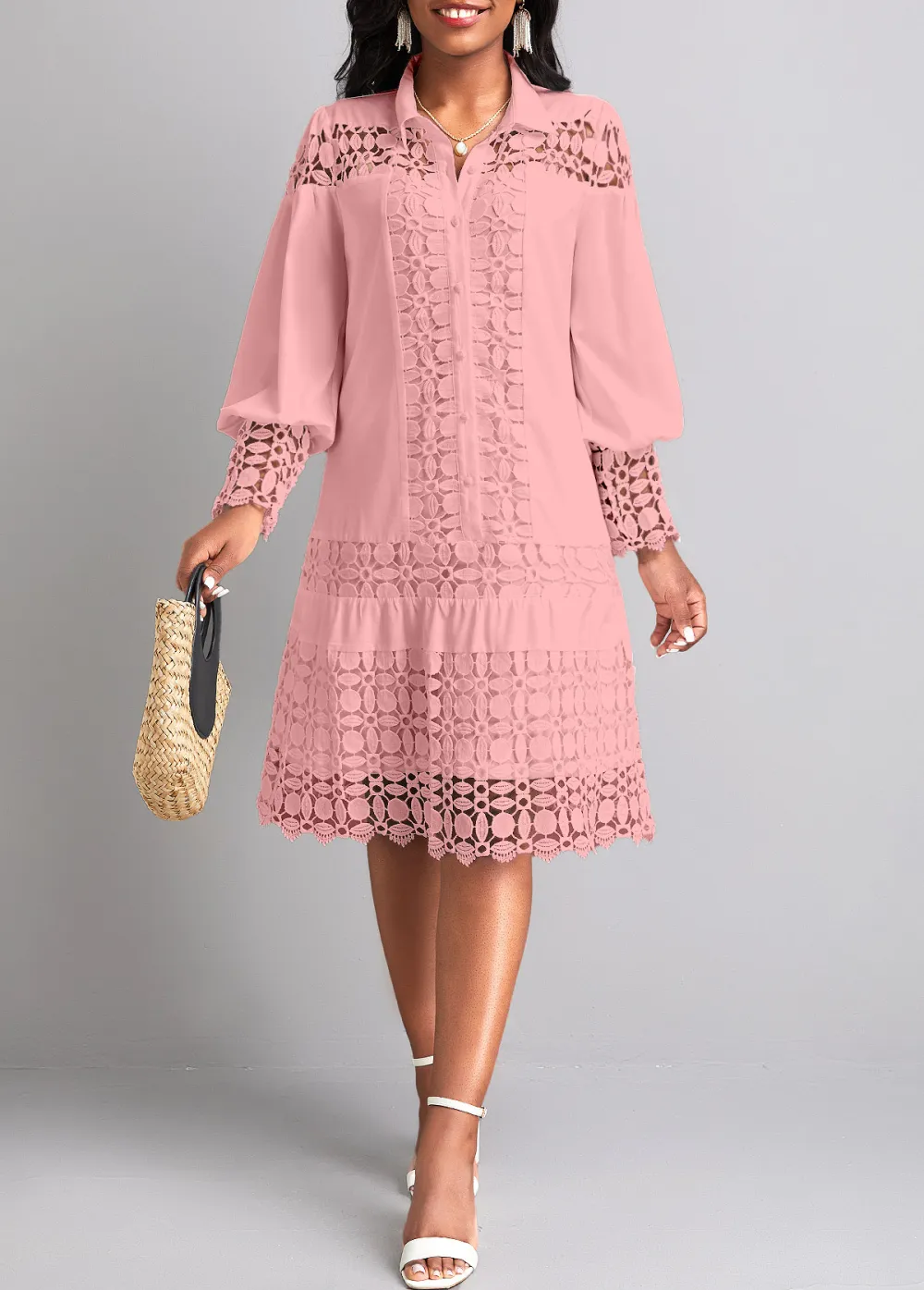 Lace Wine Red Long Sleeve Shirt Collar Shift Dress