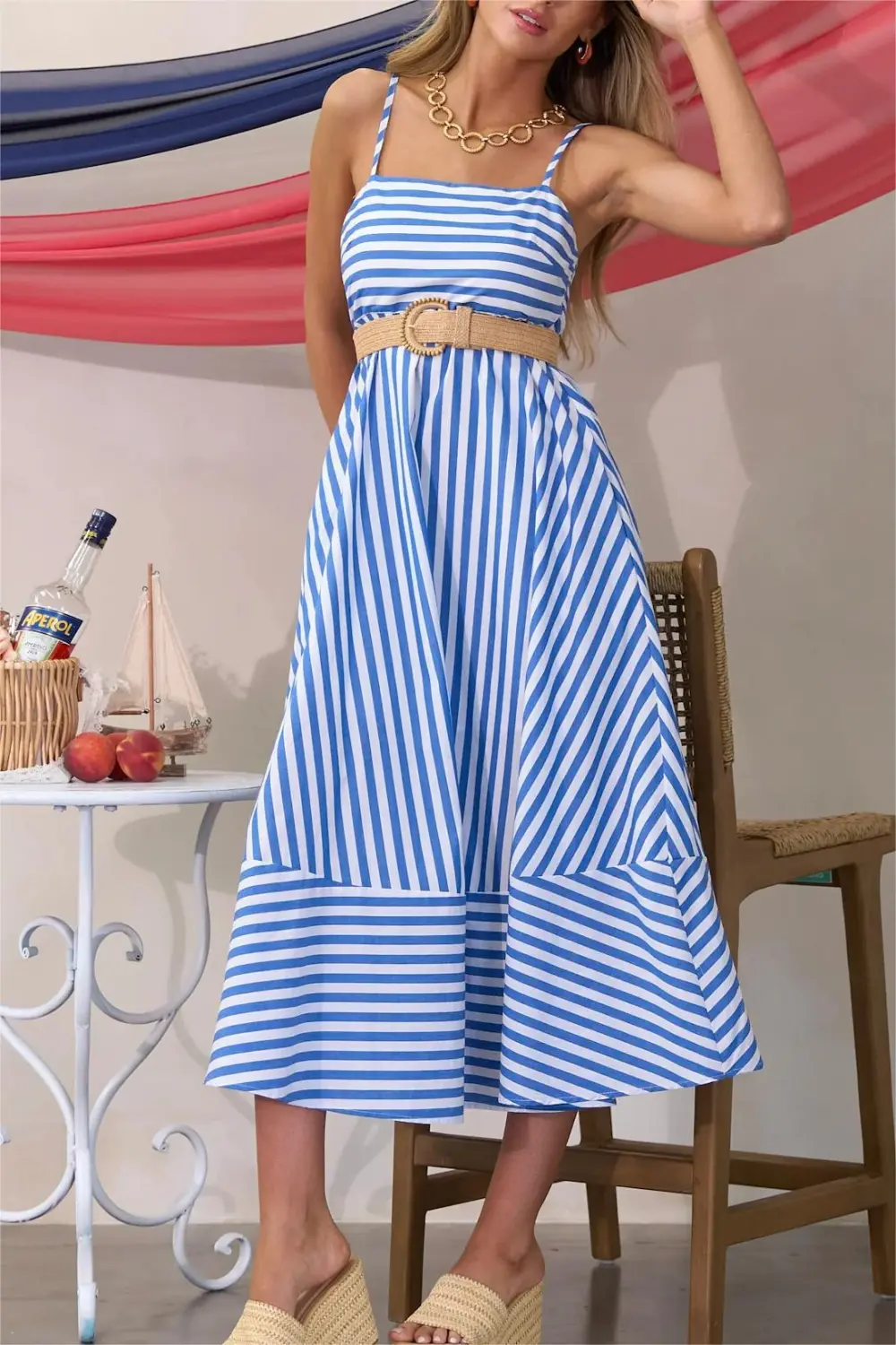 SERENE STUNNER 100% COTTON BLUE STRIPE MIDI DRESS