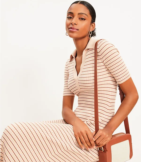 Stripe Ribbed Collared Midi Sweater Dress