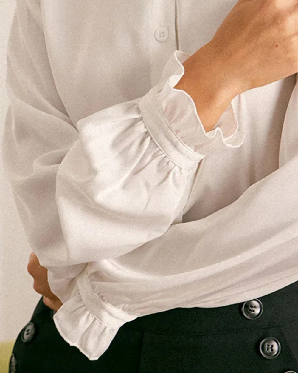 The White Mock Neck Ruffled Satin Shirt