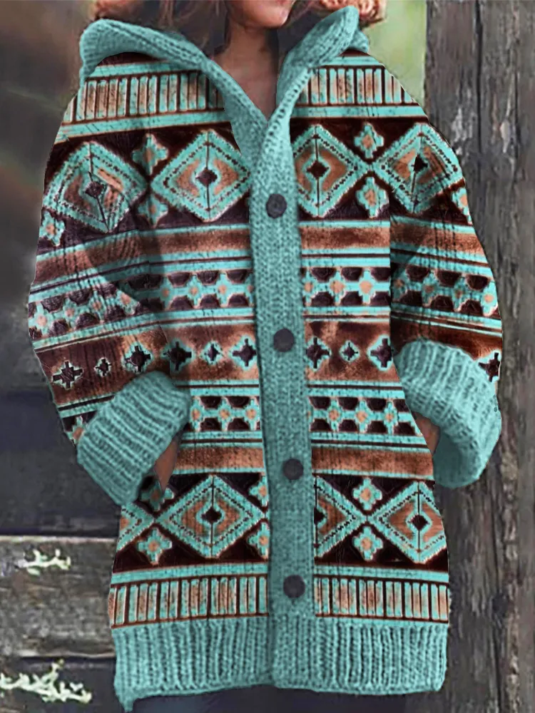 Embossed Leather Nava Turquoise Brown Women's Hooded Cardigan Sweater