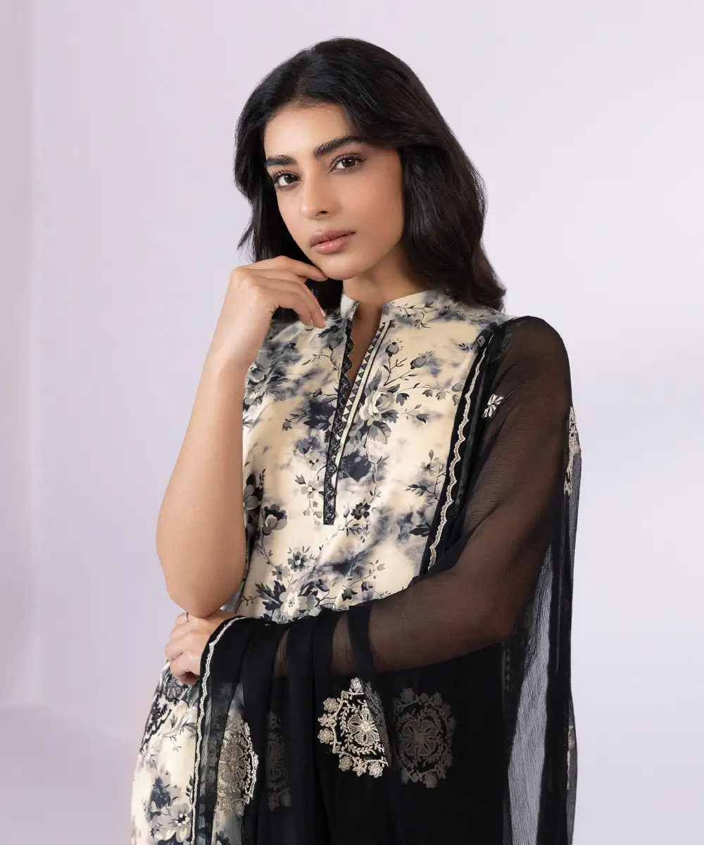 3 Piece - Embroidered Cotton Satin Suit