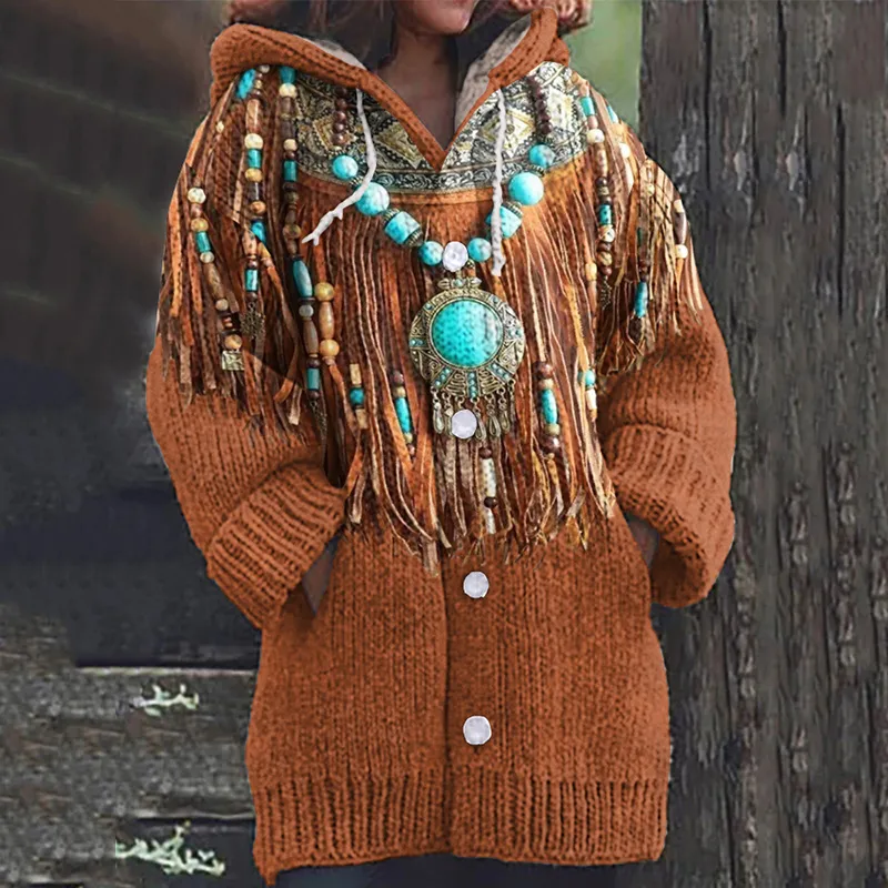 Western Tribal Tassels Printed Art Cozy Hooded Cardigan