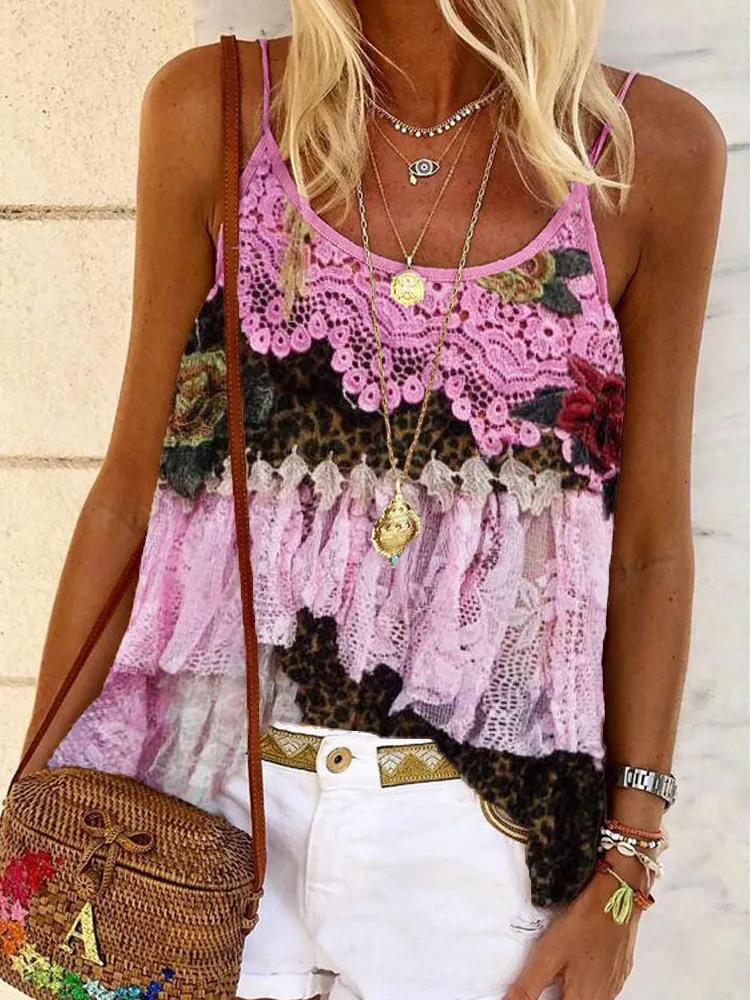 Boho Roses Leopard & Lace Patchwork Cami Top