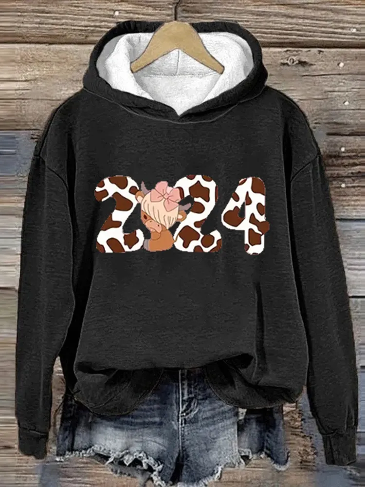 Women's 2024 Cute Highland Cow Casual Hoodie