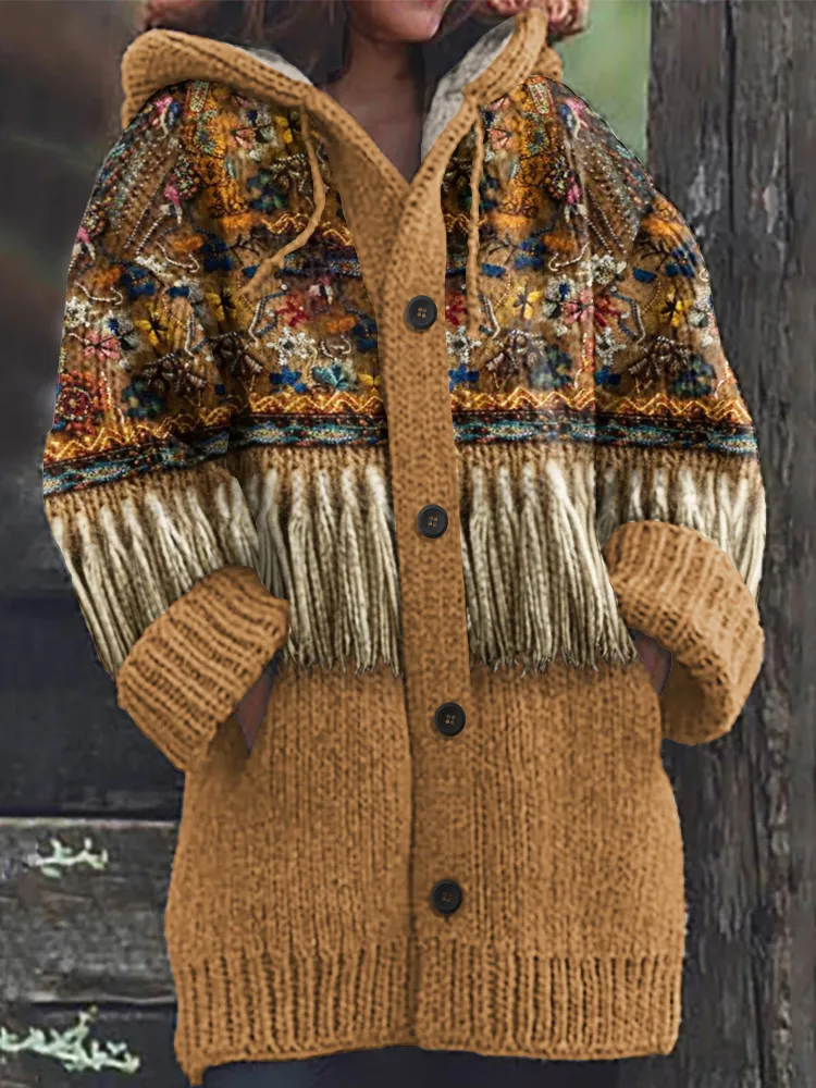 Women's Western Tribal Tassels Cozy Hooded Cardigan