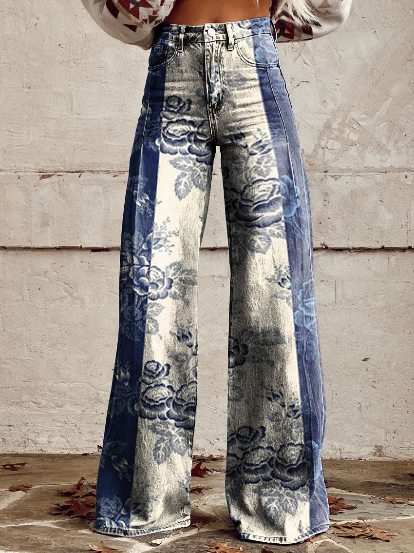 Women's Vintage Print Casual Wide Leg Pants