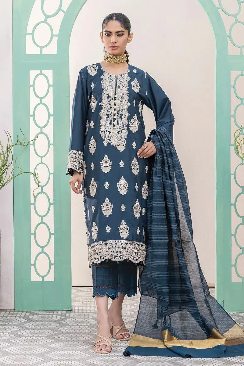 3 Piece Kurta Embroidered | Dupatta& Bottom & Tops | Color Indigo