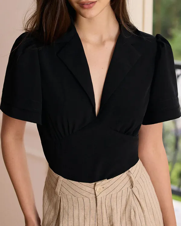 The Black Lapel Ruched Blouse