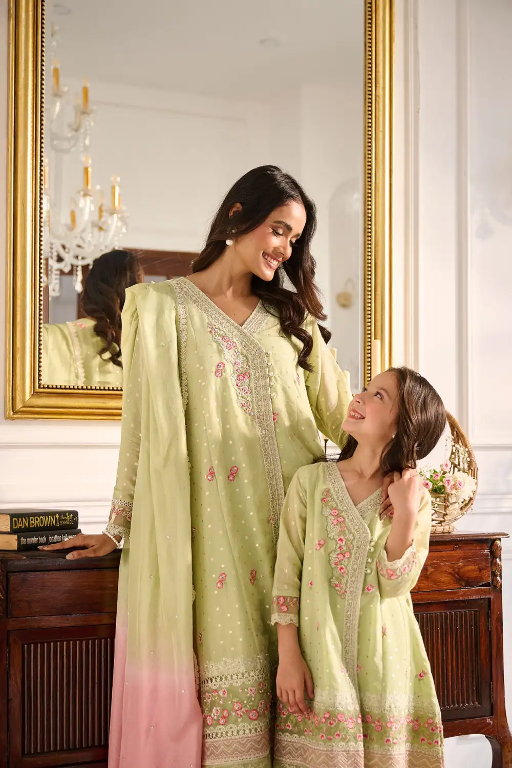 LIGHT GREEN 3PCS  EMBROIDERED KURTA WITH TROUSER