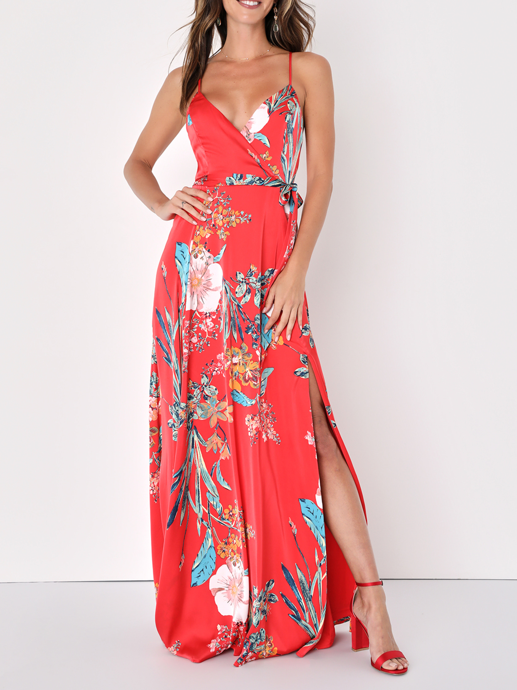 Still the One Red Floral Print Satin Maxi Dress