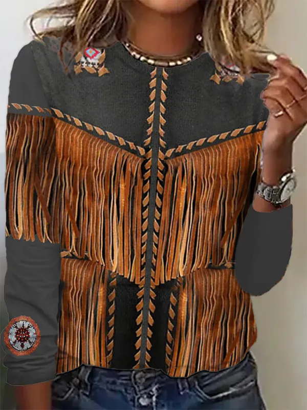 Vintage Leather Fringe Western Women's Fashion Sweatshirt