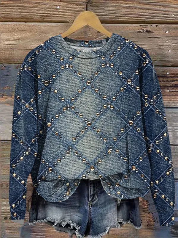 Rhinestone Denim Pattern Sweatshirt