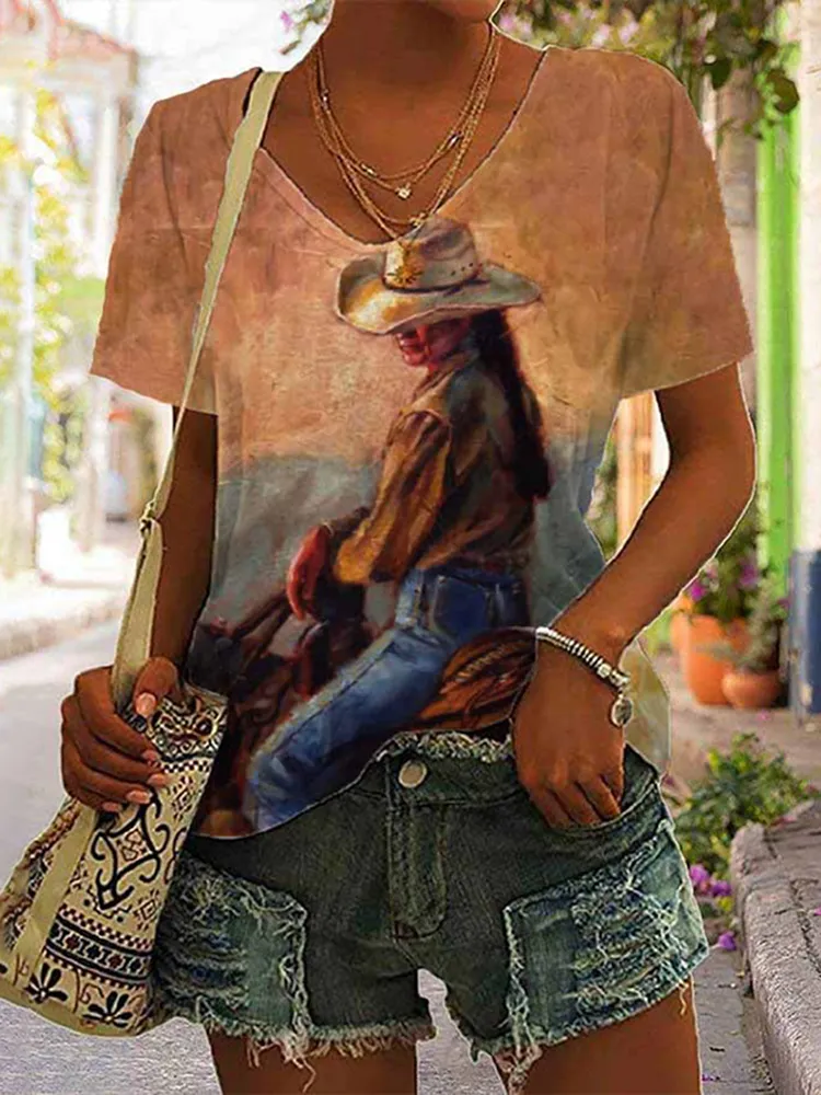 Vintage Cowgirl Print Casual T-Shirt