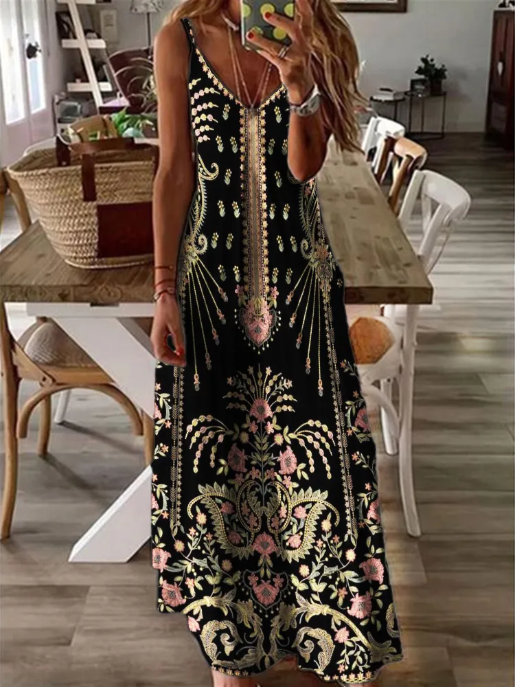 Vintage Boho Floral V Neck Cami Maxi Dress