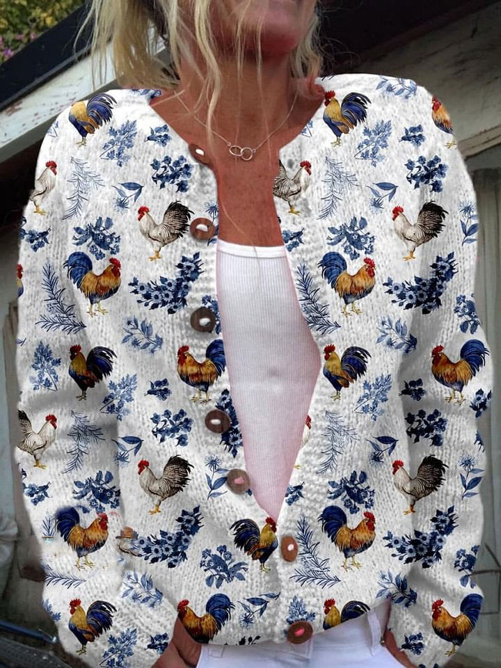 Chicken Print Buttoned Cardigan Sweater