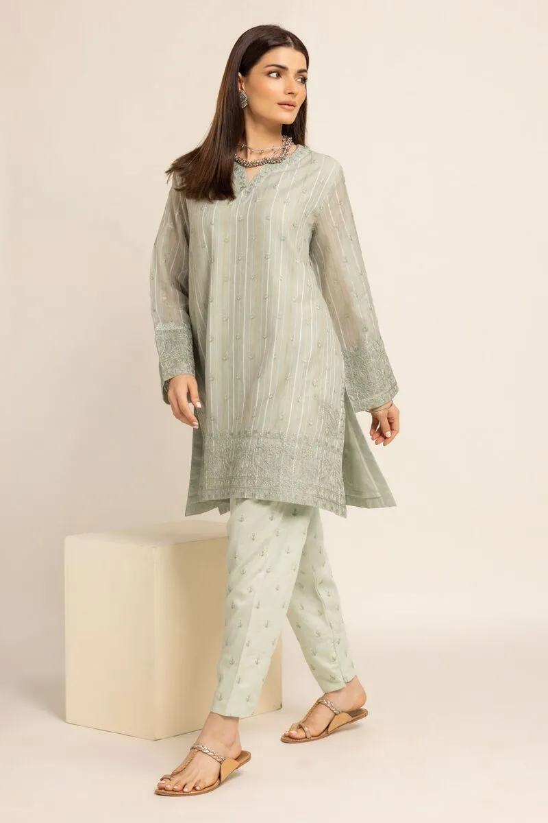 3 Piece Kurta Embroidered | Dupatta& Bottom & Tops | Color light green and purple