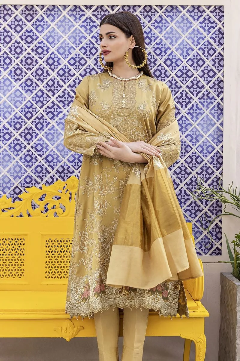 3 Piece Kurta Embroidered | Dupatta& Bottom & Tops | Color Golden