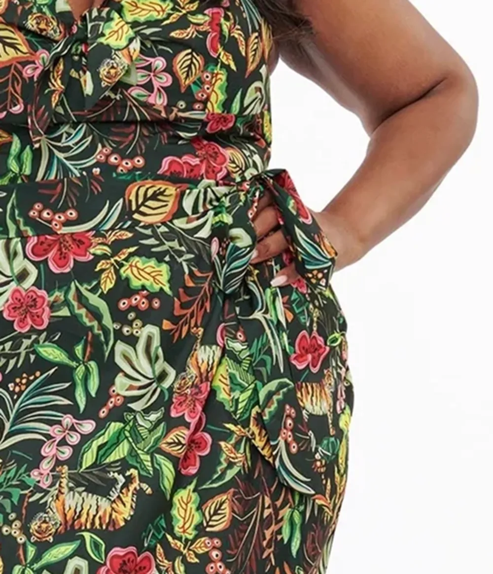 Unique Vintage Plus Size Green Jungle Cat Print Leilani Sarong Dress