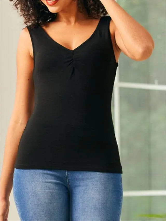 Black Casual Style Round Tank Top