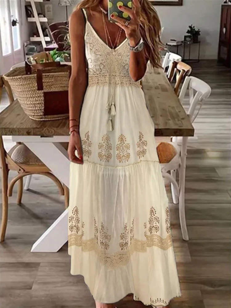 Boho Ethnic Floral Lace Tiered Cami Maxi Dress