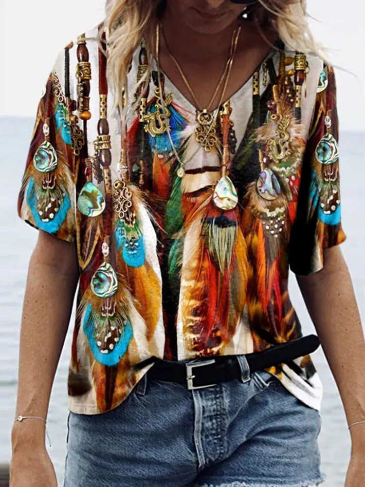 Western Feather Color Block Printed T-Shirt