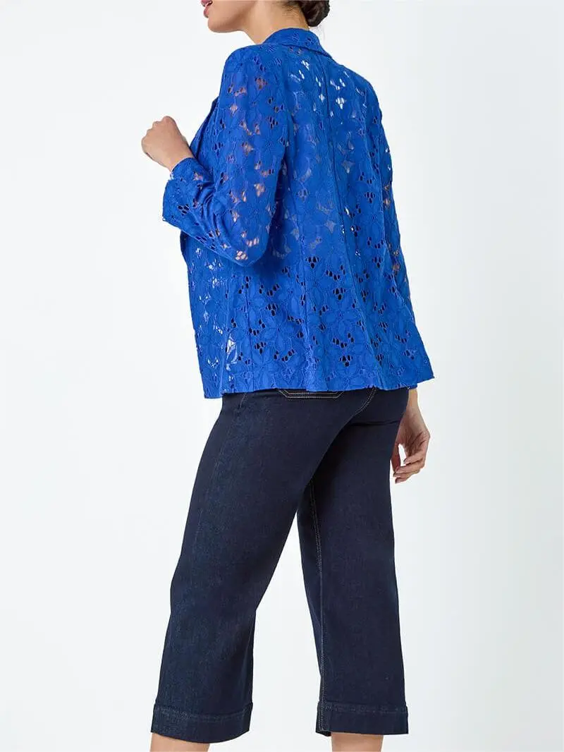 Royal Blue Cotton Blend Floral Lace Jacket