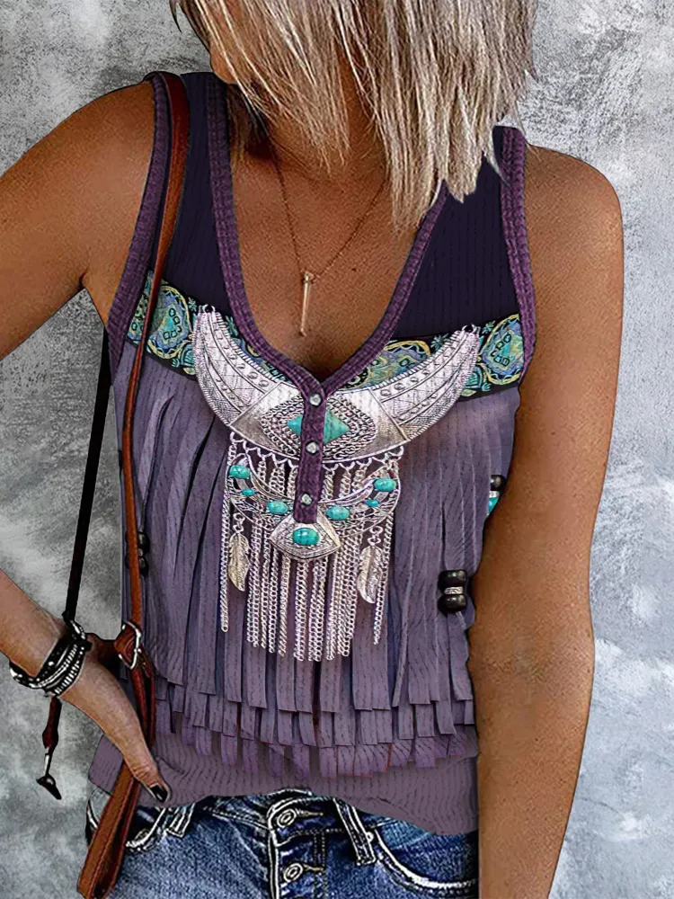 Western Tassel Print V-Neck Tank Top