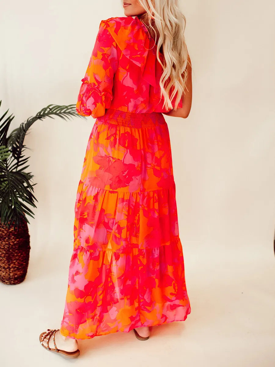 Rose Orange Flower Single Shoulder Long Dress