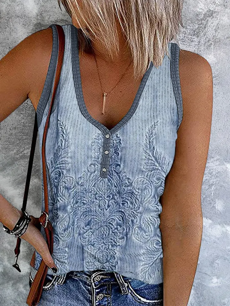 Western Tribal Floral Print Button Casual Tank Top