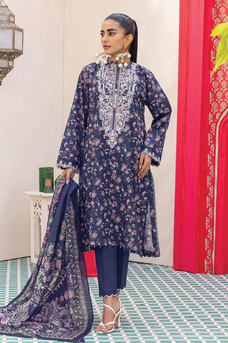 3 Piece Kurta Embroidered | Dupatta& Bottom & Tops | Color Navy blue