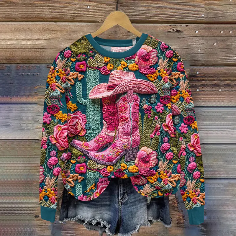 Vintage Western Boots and Floral Art Printed Casual Sweatshirt