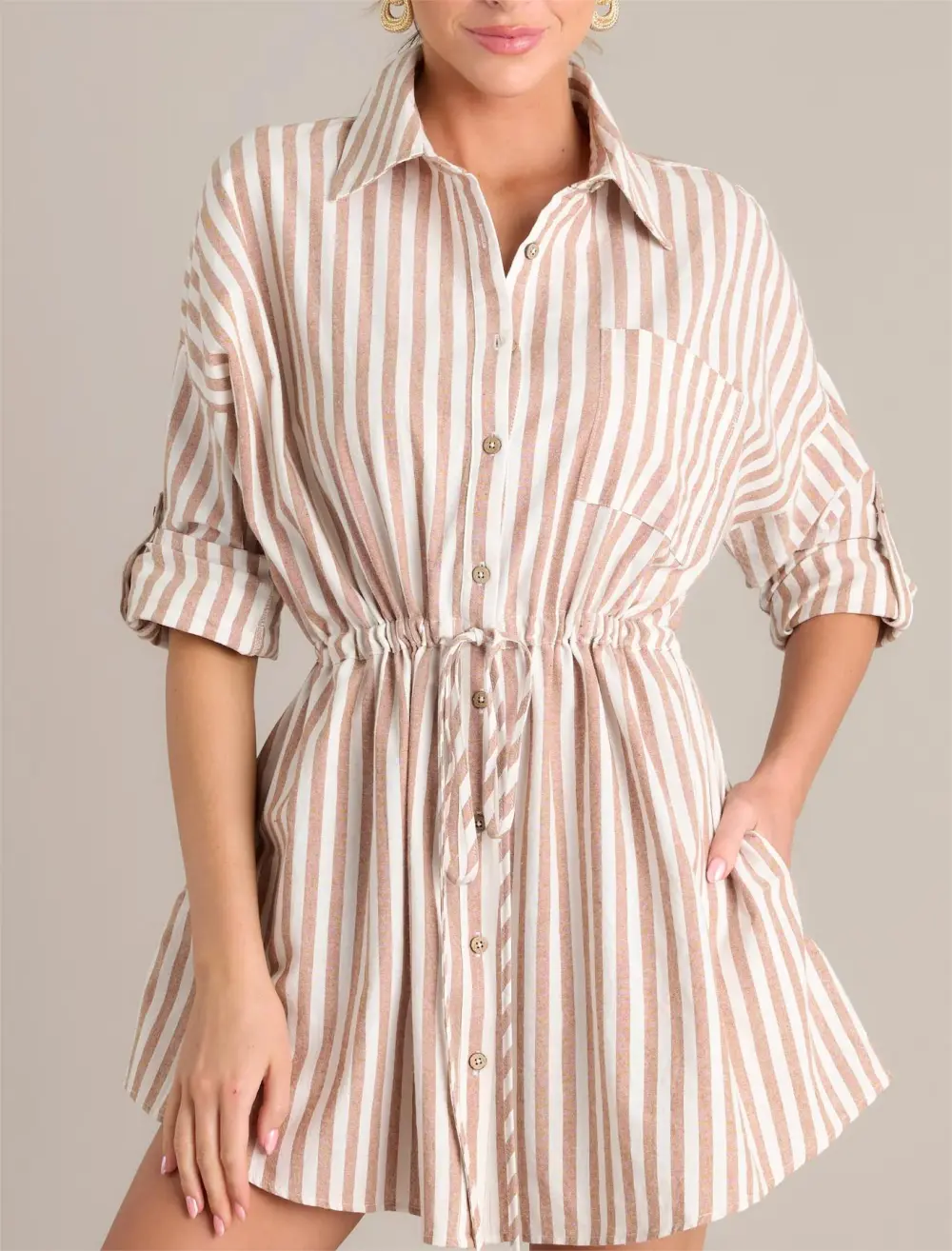 SIMPLE PLEASURES 100% COTTON CAMEL BROWN STRIPE MINI DRESS