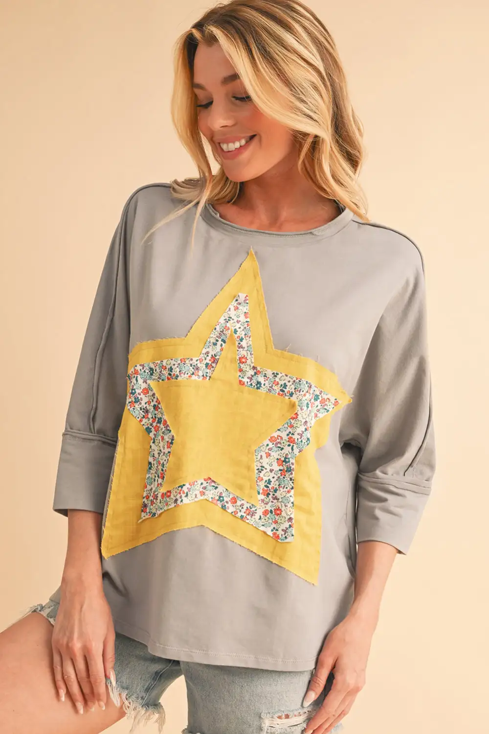 Rose Tan Floral Star Patched Exposed Seam Top