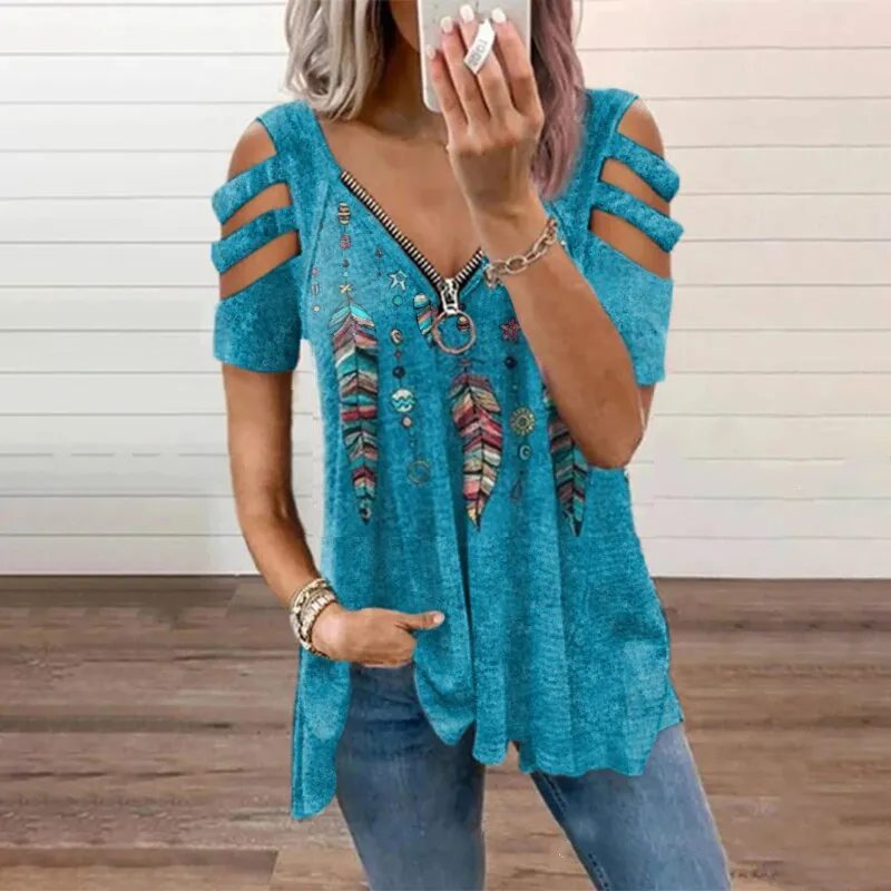 Cutout Feather Print Long Sleeve T-Shirt