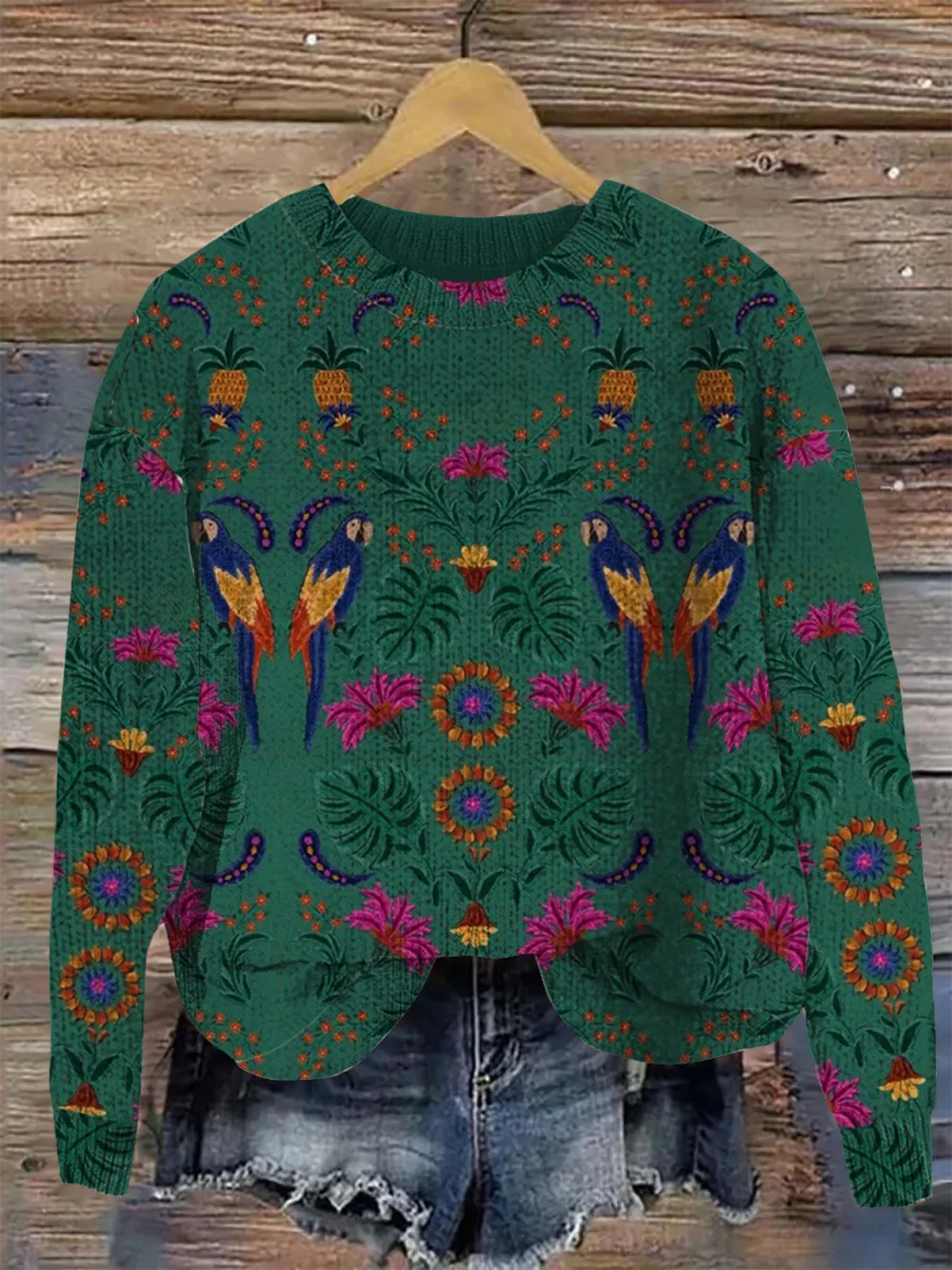 Women'S Retro Southwestern Floral Pattern Crew Neck Sweater