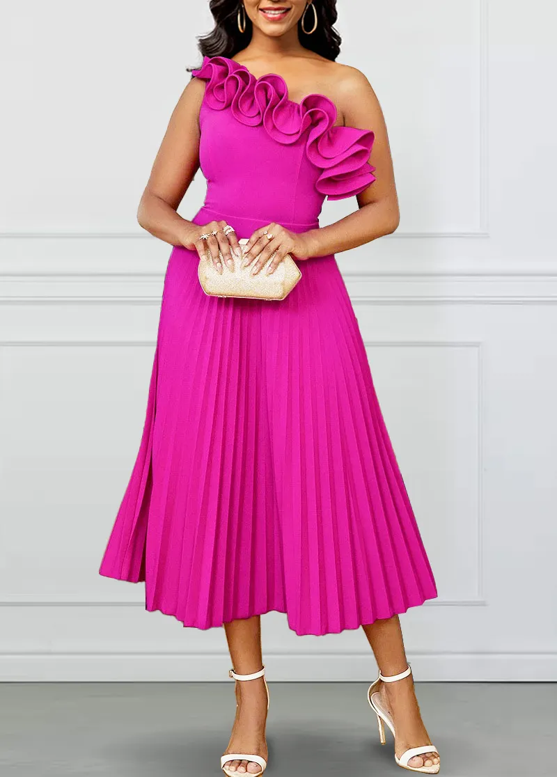 Sleeveless Pleated Hot Pink One Shoulder Dress