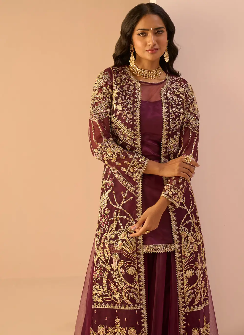 Wine Embroidered Sharara Suit