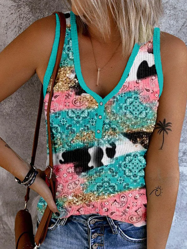 Paisley & Cowhide Pattern Button Up Tank Top