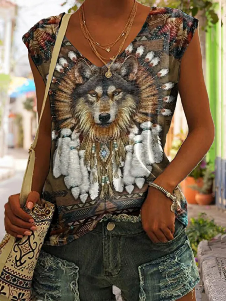 Western Wolf Printed V Neck Comfy Tank Top