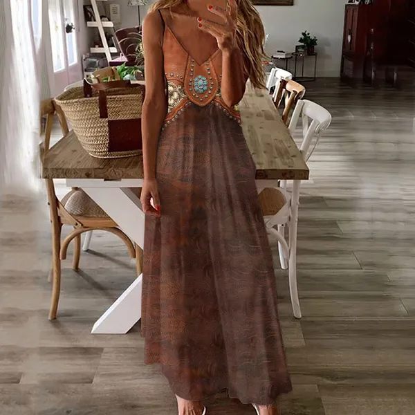 Western Tribal Print Sleeveless V Neck Maxi Dress