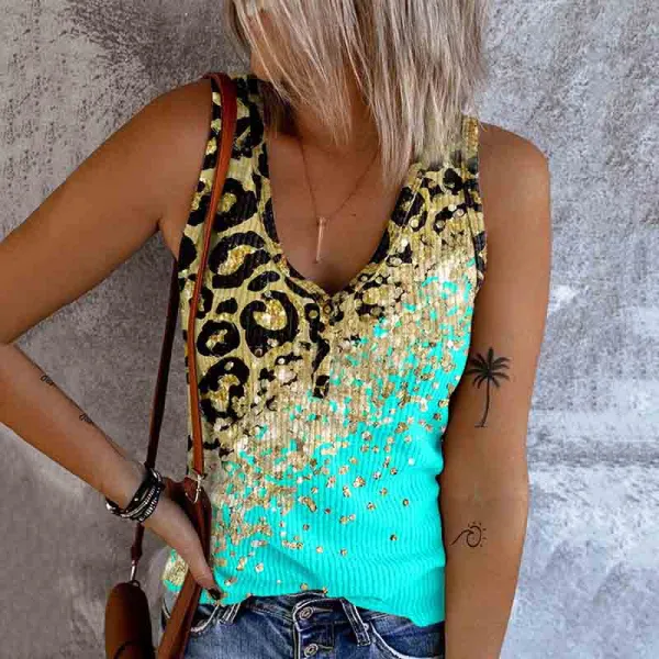 Leopard Print V-Neck Short Sleeve Tank Top