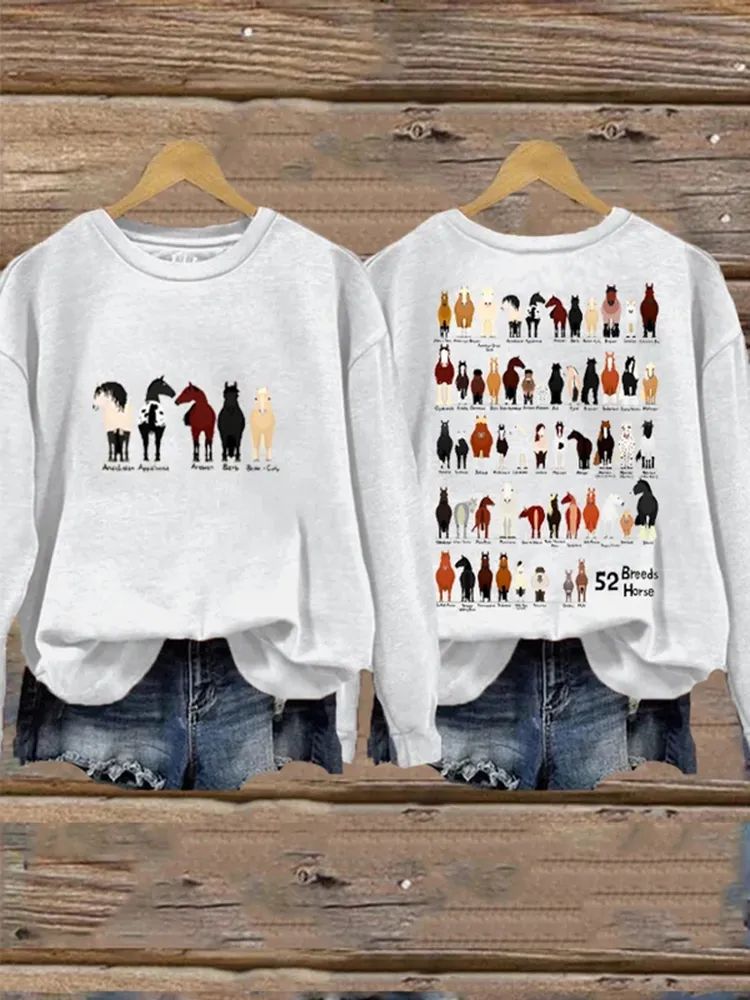 Western Style 52 Breeds Horse Print Sweatshirt