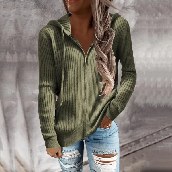 Simple Casual Long Sleeve Hooded Cardigan