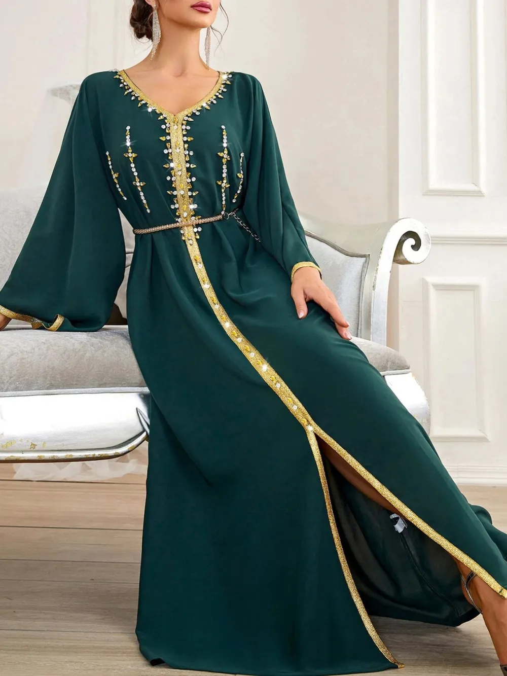 Green slit contrast trim dress