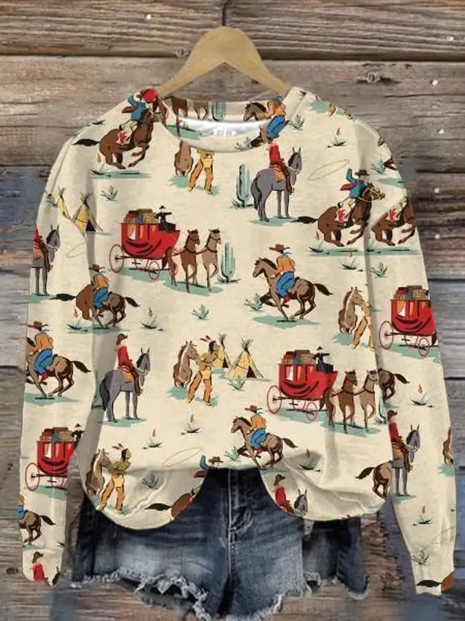 🔥Buy 3 Get 10% Off🔥🔥Buy 3 Get 10% Off🔥Women's Western Retro Horse Print Casual Sweatshirt