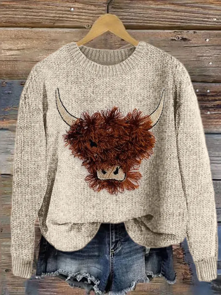 Fuzzy Highland Cow Embroidery Art Cozy Knit Sweater