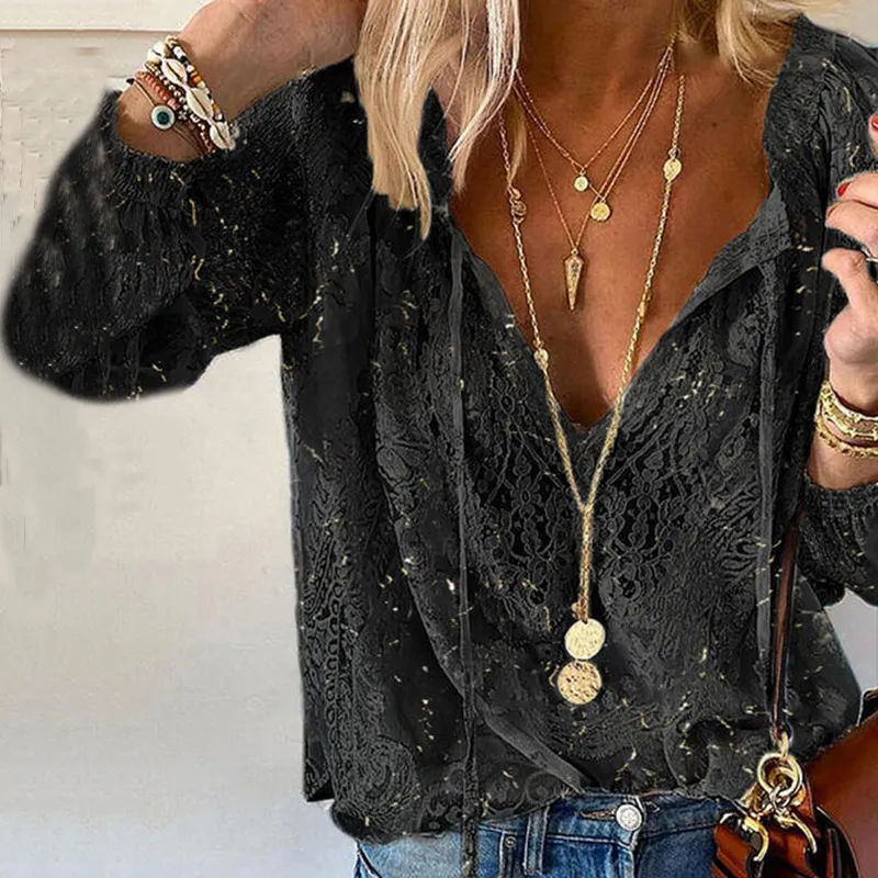 Boho Lace Hollow Out V Neck Long Sleeve Top