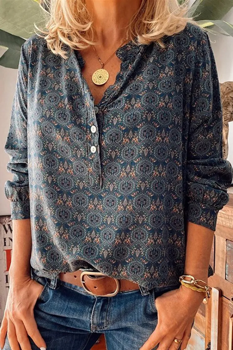 Retro Stand Collar Floral Print Long Sleeve Blouse