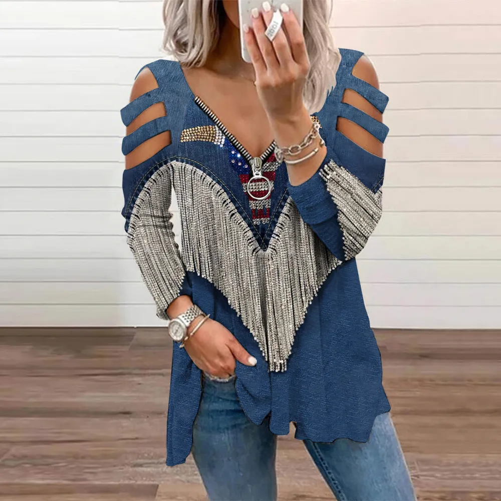 Western Tassels Printed Hollow Out Zip Up T-Shirt